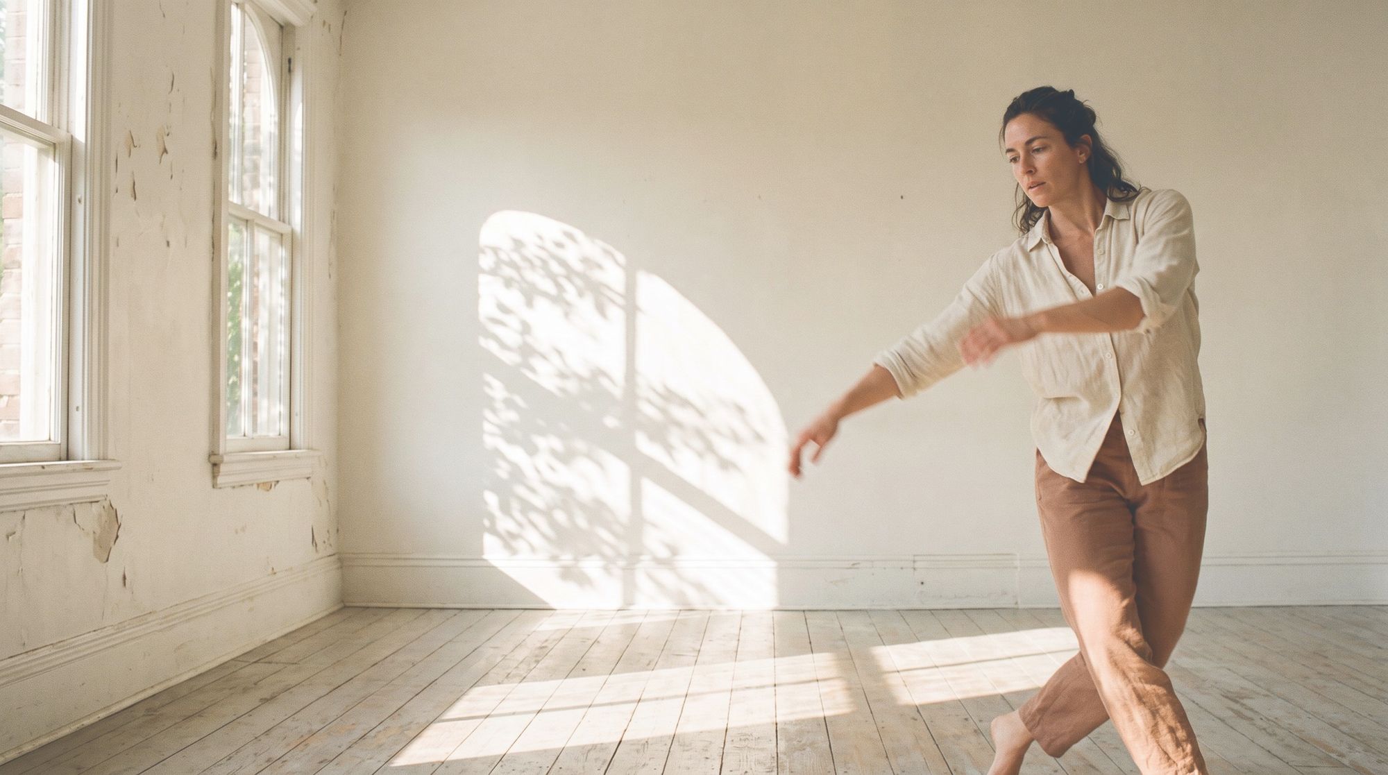 A woman dancing alone in a sunlit empty room.