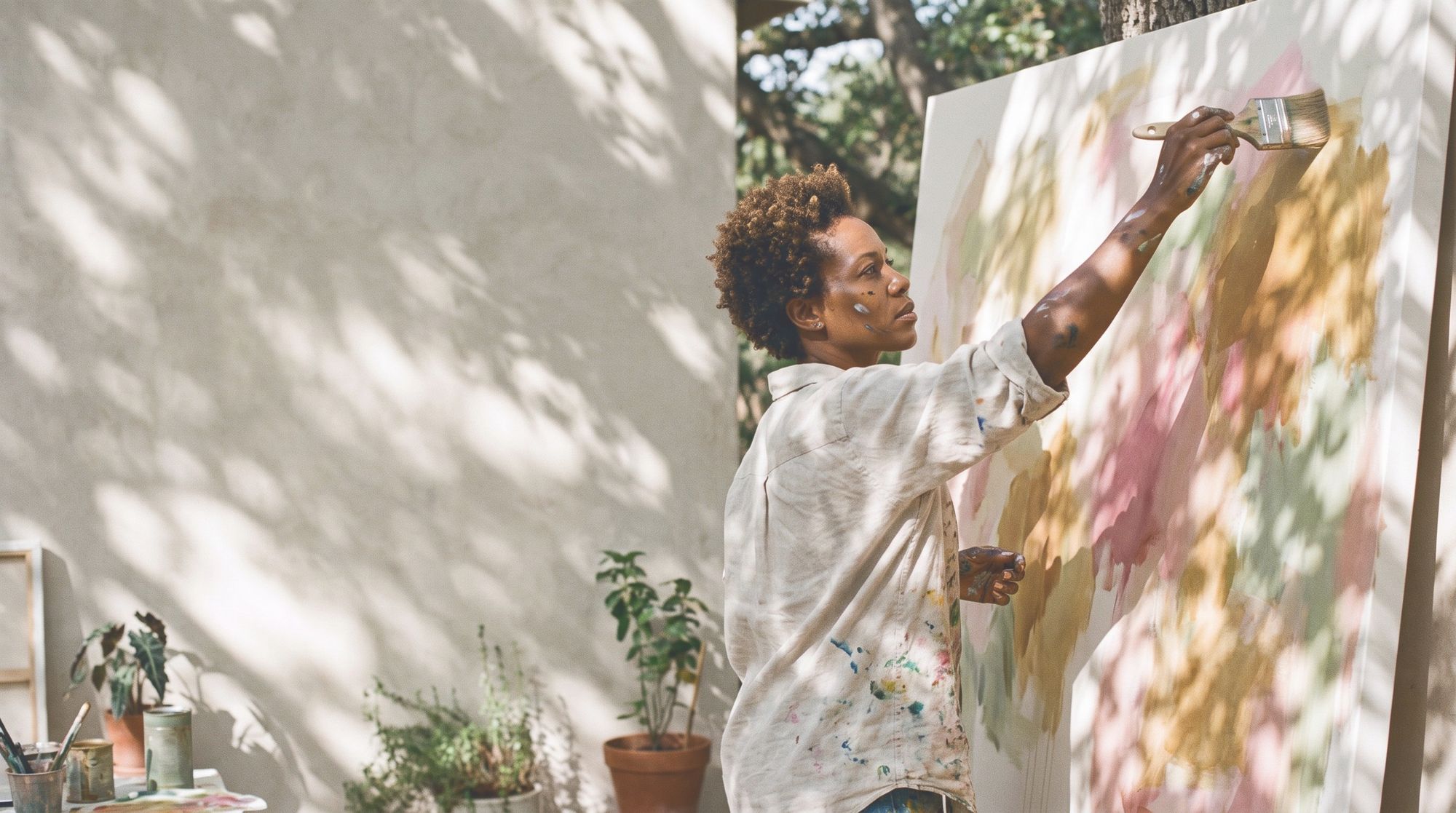 A woman painting a large canvas outdoors in dappled sun.