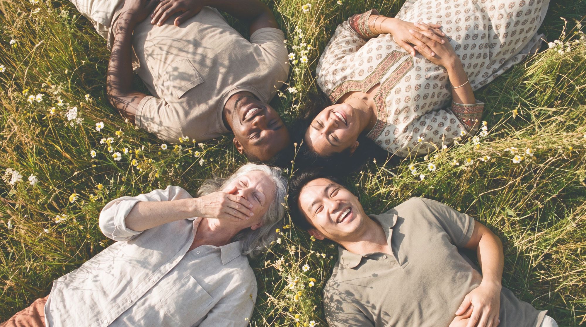 Friends of different ages lying in tall grass in a circle, heads together, laughing.