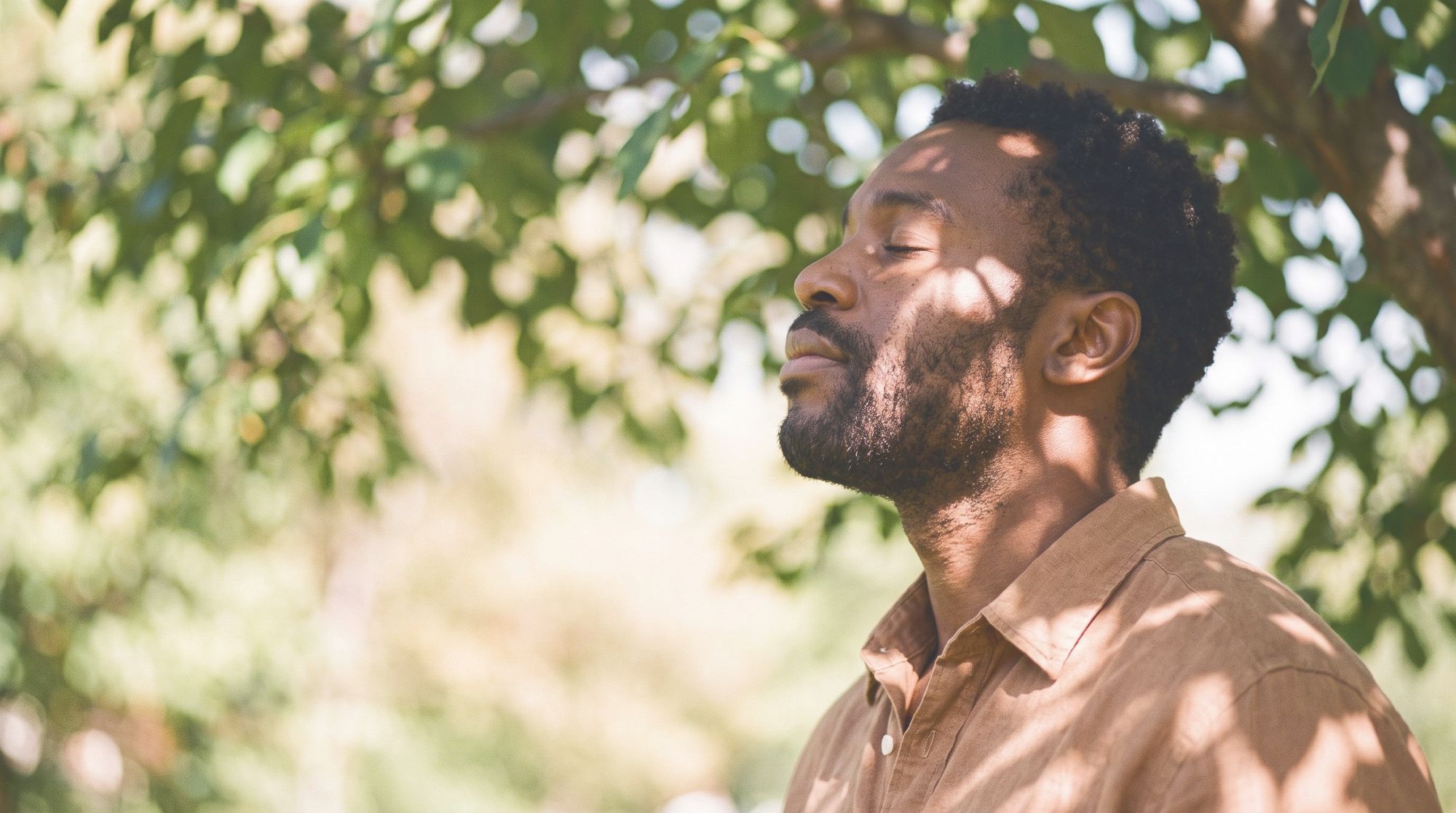 A man with his eyes closed under a tree, light on his face.